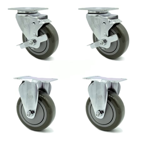 4 Inch Gray Polyurethane Wheel Swivel Top Plate Caster Set With 2 Brake 2 Rigid